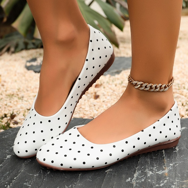 Women Shoes Wedges - Damskie białe baleriny w kropki z