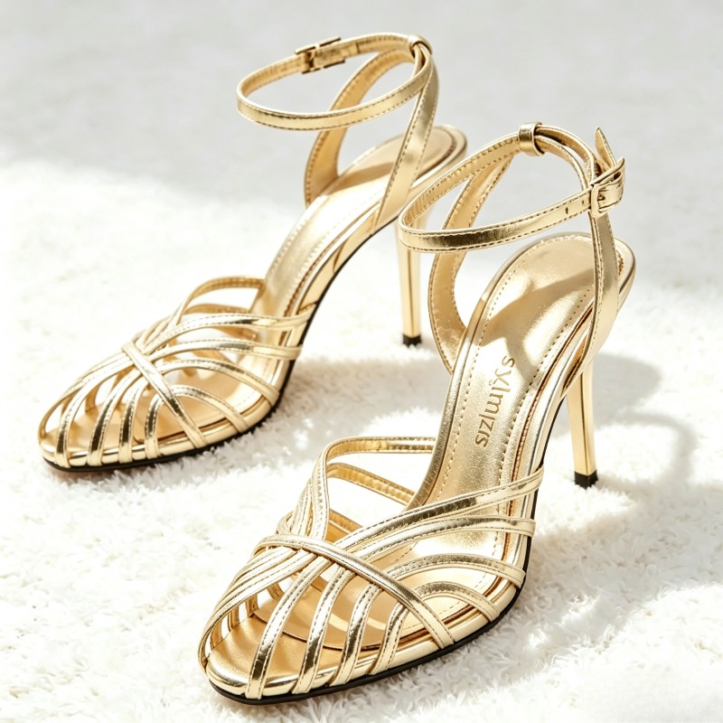 Metallic Heel Sandal - Seksowne złote ażurowe sandały na wysokim